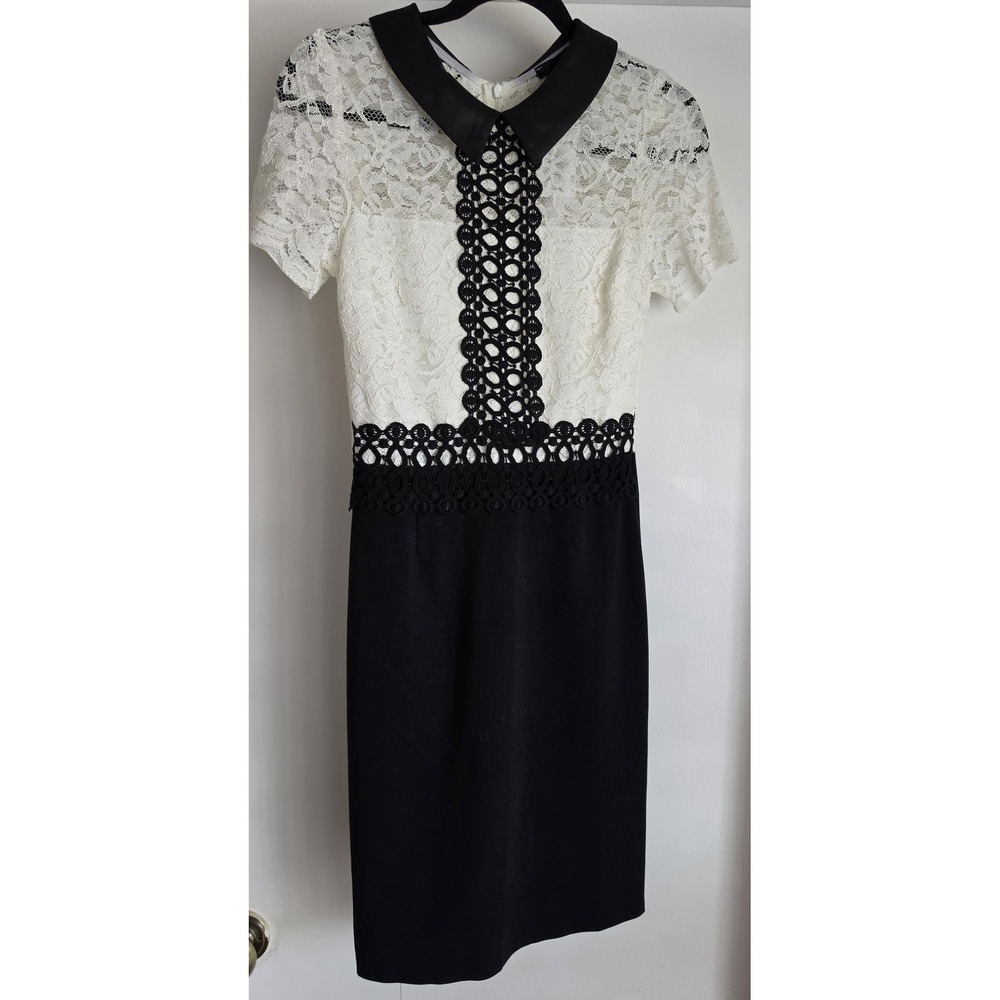 NWT Aqua Black White Lace Formal Dress XS Short Sleeve Collared Mini Gown